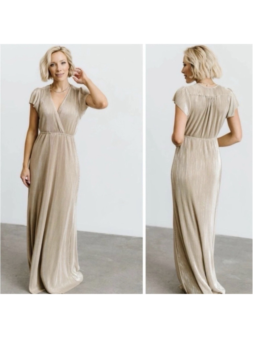 Baltic Born Athena Pleated Maxi Dress L Champagne Gold Surplice Formal Wedding
